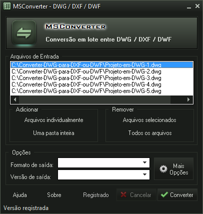 Screenshot - Conversor de arquivos DWG para DXF ou DWF e vice-versa